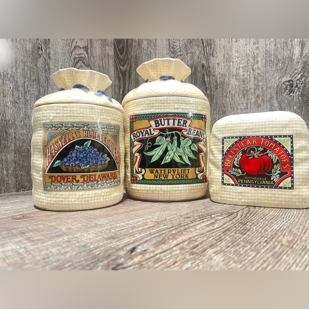 Rustic Cream Ceramic Canister Set with Vintage Labels